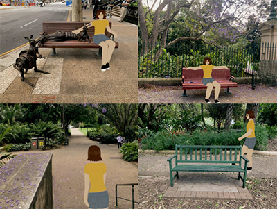 Four screenshots showing a digital animation of a character moving through a realistic outdoor environment. 