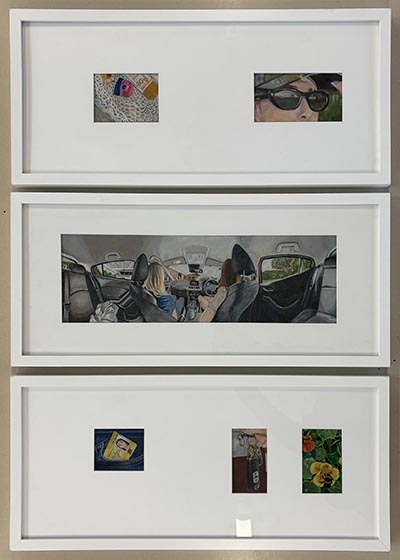 Three framed drawings created with coloured pencils. The first frame contains 2 drawings: one depicting sunscreen and skin products, and another showing a close-up portrait of a person wearing sunglasses. The second frame illustrates a 360-degree view of a car interior with 2 people seated in the front. The third frame includes 3 drawings: a driver’s licence in a pant pocket, a hand unlocking a lock with dangling car keys, and a flower plant.