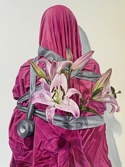 Painting of a person covered in a hot pink sheet, wrapped with silver tape, and holding a bouquet of flowers.