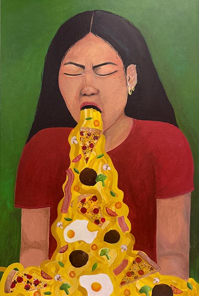 A painting of a person vomiting an exaggerated stream of food, including pasta, eggs, pizza, bacon and other items.