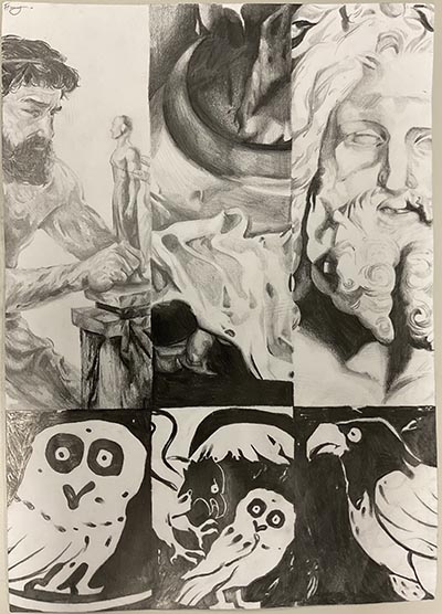 Six drawings arranged in two rows, with 3 drawings on the top row and 3 on the bottom row.