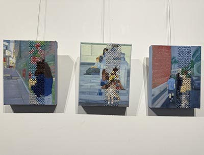 Three paintings with embroidered grids placed in the third quarter of each scene, as if divided into 4 vertical sections.