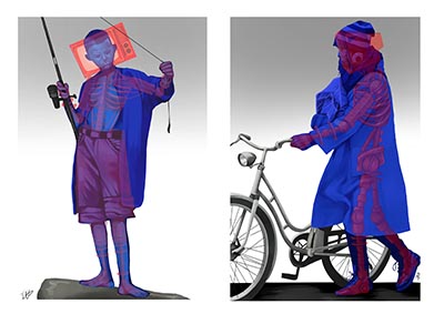 A digital illustration of 2 characters using contrasting colours: red to depict the internal structure—the skeleton composed of both organic, bone-like, and mechanical components—and blue for the outer areas, including clothing, skin, and shoes.