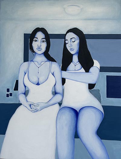 A painting of  2 figures in a space, predominantly in blue hues with varying shades of light and dark, and black used for their hair.