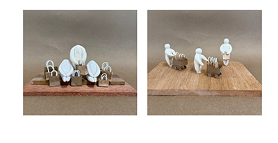 A photograph of 2 sculptures. The left shows 3 headless ceramic figures with brown paper bags between them, while the right shows 2 ceramic figures with heads pushing paper trolleys holding brown paper bags, one also holding a bag.