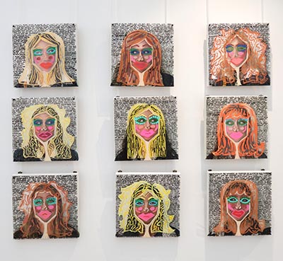 Nine face images arranged in a 3x3 mosaic pattern, featuring illustrations over the faces and text lines filling the backgrounds.