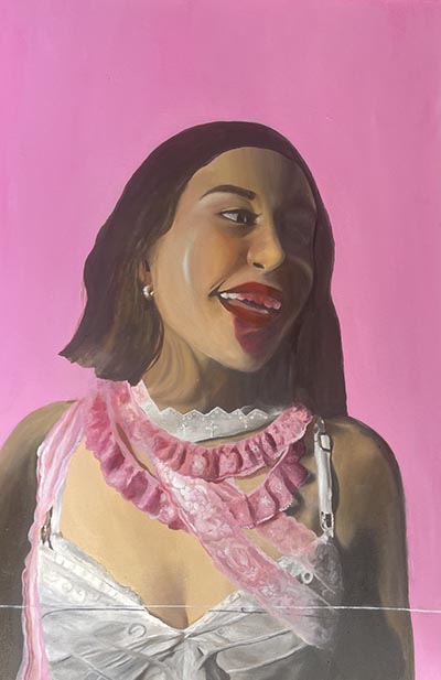 A portrait painting of a woman with lipstick smudged across her front teeth and beyond the edges of her bottom lip.