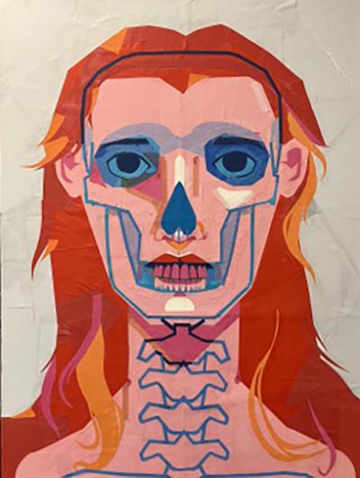 An image of a collage depicting a human from head to shoulder, featuring long hair and a blue outline illustrating the internal structure of the skull and spine.