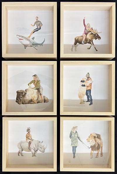Six framed paintings of different characters interacting with wildlife—featuring a shark, moose, bison, polar bear, rhinoceros, and lion—arranged in three rows of two.