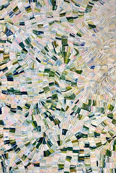 An abstract painting with thick impasto shapes resembling colour palettes, arranged in a spiral with soft, rounded edges.
