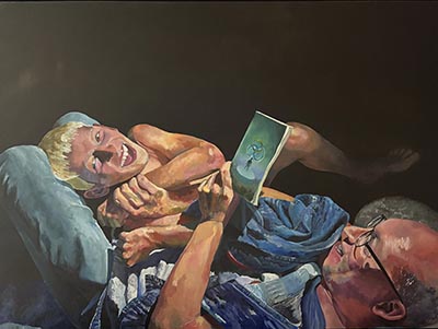 A painting of a parent reading a book to a child, both showing joy on their faces.