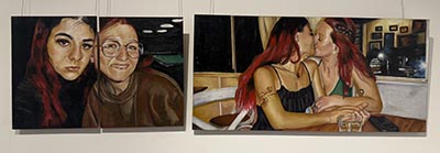 Colour drawings of a couple—on the left, a composition of 2 canvases resembling selfies of the couple, and on the right, a drawing of the couple kissing.