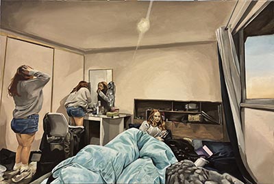 A painting of a room scene featuring the same character in 3 poses: lying on the bed, leaning towards a mirror while applying makeup, and standing before the mirror, touching their hair.