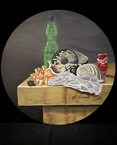 A painting featuring a circular lens through which various seashells, a plastic bottle, and a crushed can are visible on a wooden table, surrounded by a black-painted background.