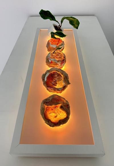 There are 5 spherical cases on an orange-lit platform, each encasing different elements. The furthest sphere resembles a pot plant with 2 large leaves, the second has a large leaf, the third a small leaf, and the last two have no leaves.