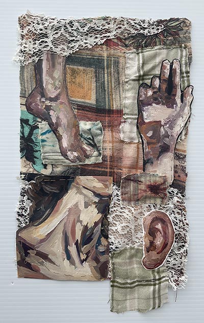 An artwork composed of painted human body parts and textile materials.