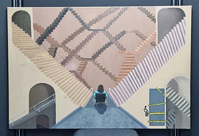 A painting of a person in a wheelchair, facing away, positioned in a space with multiple staircases.
