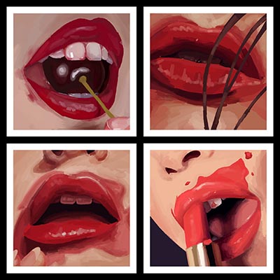 Four paintings, arranged in a 2x2 grid, depicting mouths with red lipstick smudged around the lips and teeth.