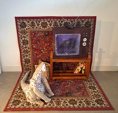 An installation framed by a rug extending from the wall to the floor, showcasing a makeshift television on a shelf holding a few books, with a pet-sized creature positioned in front.