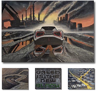 A large painting depicts a car in a grey, industrial environment with factories emitting smoke in the background. Below it are three smaller paintings: one showing barren brown land with winding dirt roads, another featuring the text 'Green is the new black,' and a third illustrating stacked car batteries with yellow liquid flowing down a slope and pooling at the bottom, resembling a river of the liquid.