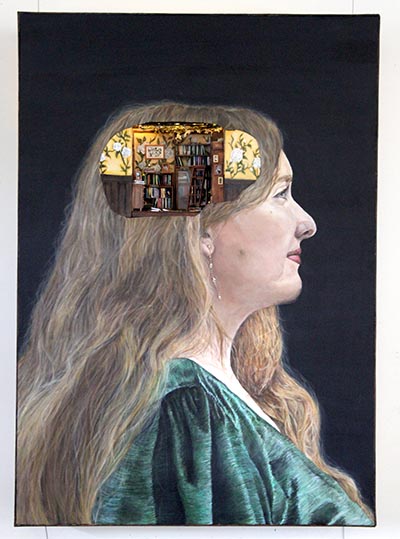 A side-profile portrait of a person featuring an image of a room with bookshelves and floral wallpaper superimposed on their head.