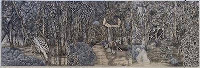 A medieval-style triptych painting depicting a forest scene, with panels featuring a human torso skeleton, hands and lungs.