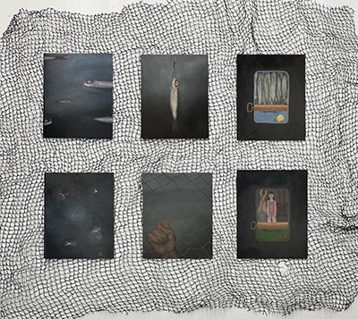 Six paintings, arranged in two rows of three, hang on a netted wall. The top row depicts sardines in the sea, a sardine on a fishing hook, and sardines in a tin. The bottom row shows a human swimming, a human fist behind a net, and three people in a tin. All paintings feature a greyscale background.