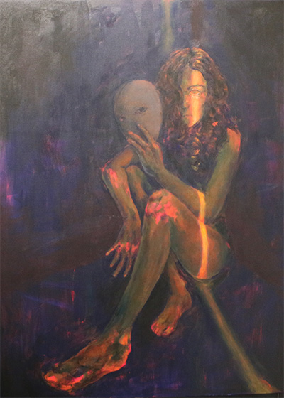 A painting depicting a person sitting in a corner, holding a mask in one hand, illuminated by a beam of light.