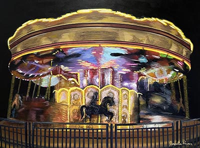 A painting depicting a spinning horse carousel.