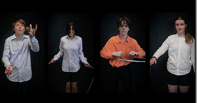 Four photographic images combined into a single composition, each featuring a different person: one juggling, one skipping rope, one hula hooping, and one with strings appearing to extend from her hand.