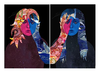 Two illustrations of a person, with collages of decorative patterns forming their hands and hair.