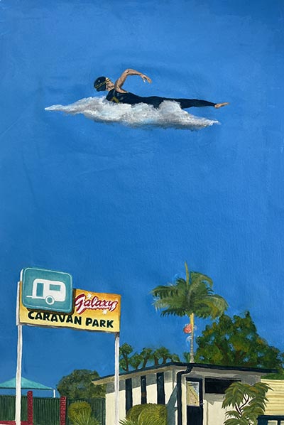 A painting featuring the entrance of a caravan park and a person swimming in the blue sky ontop of a cloud.