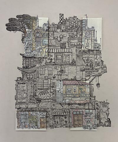  A drawing featuring a combination of building facades, including elements of Japanese storefronts.
