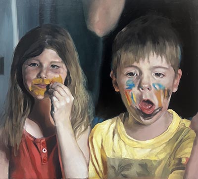 Painting of two children standing side by side, with colourful paint on their faces.